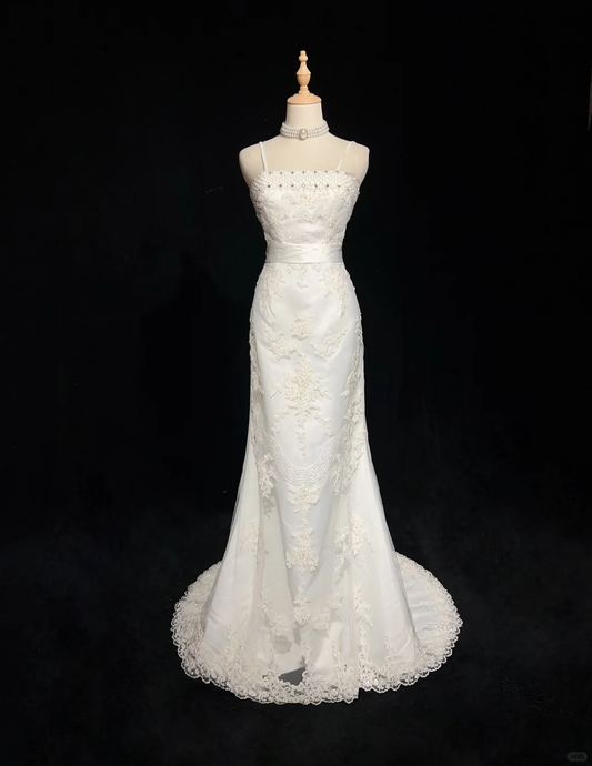 Vestido de novia vintage de los años 70, estilo sirena, tirantes finos, encaje, largo, elegante, DH551