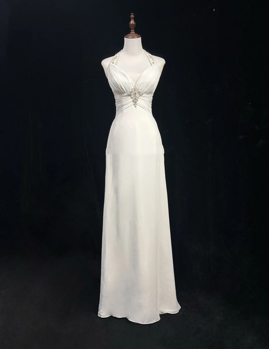 Vestido de novia vintage de los años 70, corte A, cuello halter, de gasa blanca, largo, elegante, DH552