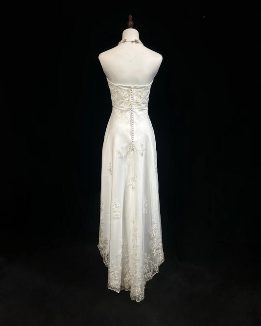Vestido de novia vintage de los años 70, largo, blanco, sin tirantes, con encaje, elegante, DH553