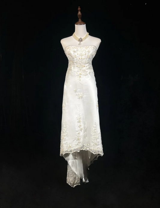 Vestido de novia vintage de los años 70, largo, blanco, sin tirantes, con encaje, elegante, DH553
