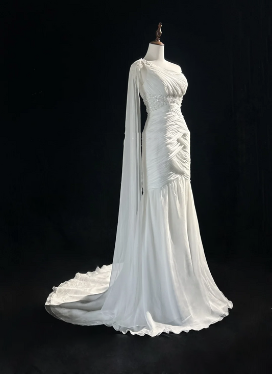 Vestido de novia retro de los años 50 y 40, corte sirena, un hombro, de gasa blanca, largo, DH554