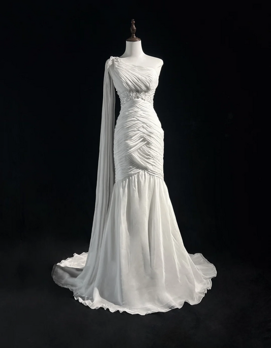 Vestido de novia retro de los años 50 y 40, corte sirena, un hombro, de gasa blanca, largo, DH554