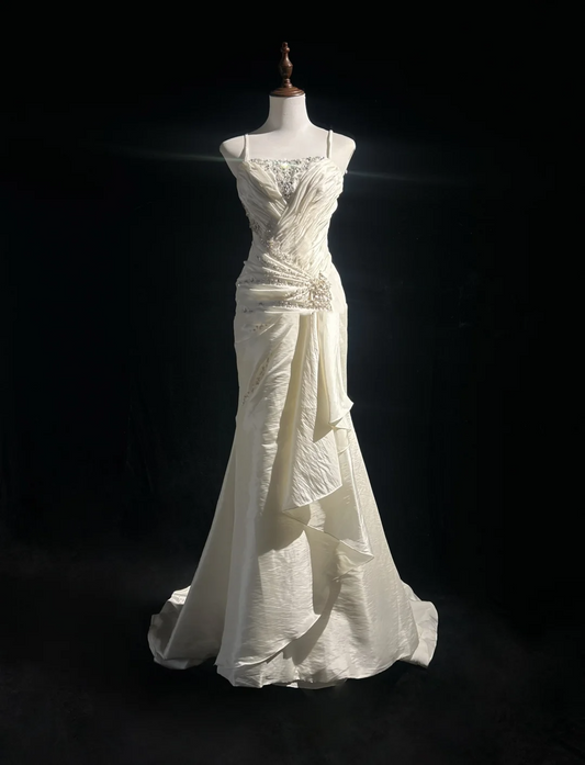 Vestido de novia retro de los años 50 y 40, estilo sirena, con tirantes finos, largo, DH556