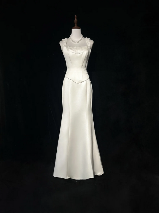 Vestido de novia vintage de los años 70, corte sirena, escote cuadrado, satén blanco, largo, elegante, DH557