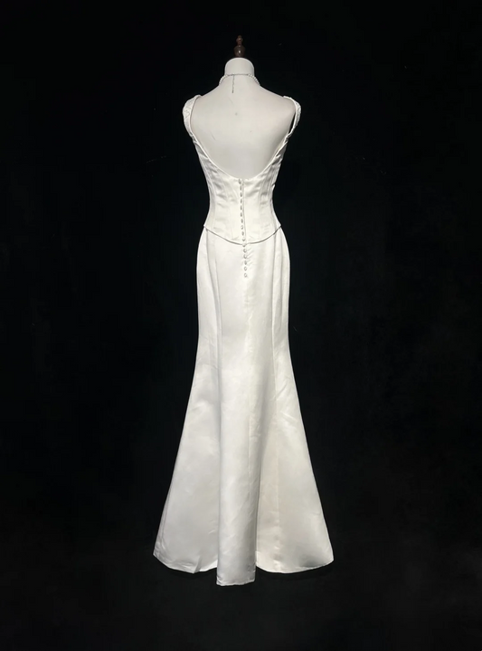 Vestido de novia vintage de los años 70, corte sirena, escote cuadrado, satén blanco, largo, elegante, DH557