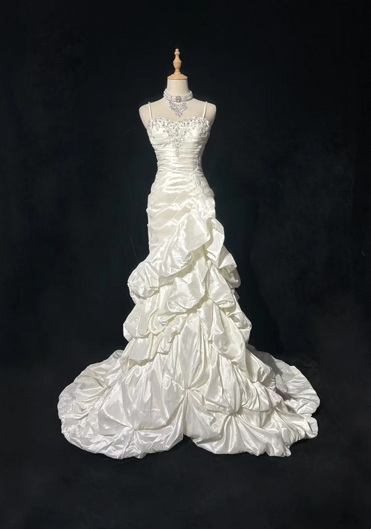 Vestido de novia retro de los años 50 y 40, corte sirena, tirantes finos, tafetán, largo, DH558