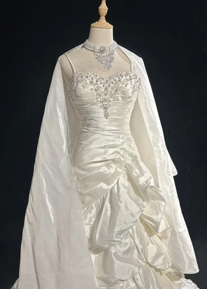 Vestido de novia retro de los años 50 y 40, corte sirena, tirantes finos, tafetán, largo, DH558