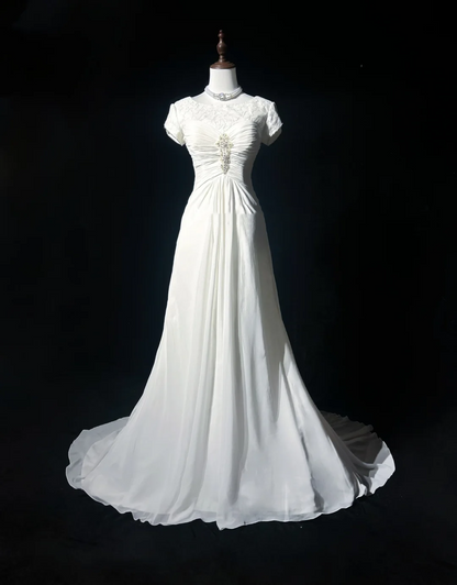 Vestido de novia vintage de los años 70, corte A, escote redondo, gasa blanca, largo, elegante, DH559