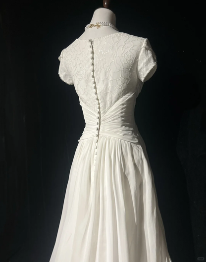 Vestido de novia vintage de los años 70, corte A, escote redondo, gasa blanca, largo, elegante, DH559
