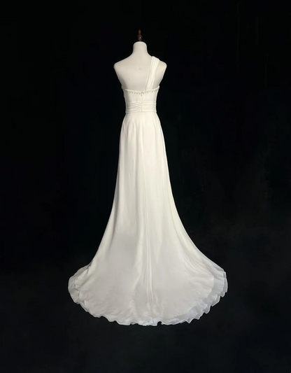 Vestido de novia retro de los años 50 y 40, corte A, un hombro, de gasa blanca, largo, DH560