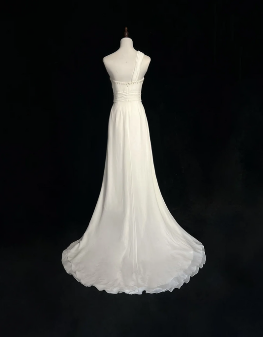 Vestido de novia retro de los años 50 y 40, corte A, un hombro, de gasa blanca, largo, DH560