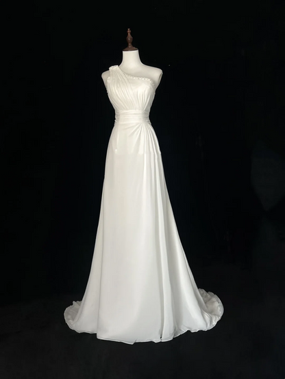 Vestido de novia retro de los años 50 y 40, corte A, un hombro, de gasa blanca, largo, DH560