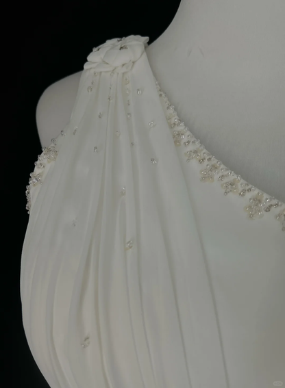 Vestido de novia retro de los años 50 y 40, corte A, un hombro, de gasa blanca, largo, DH560