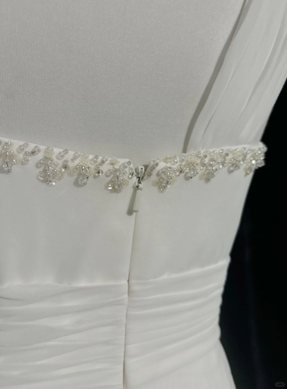 Vestido de novia retro de los años 50 y 40, corte A, un hombro, de gasa blanca, largo, DH560