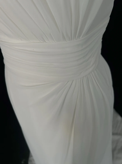 Vestido de novia retro de los años 50 y 40, corte A, un hombro, de gasa blanca, largo, DH560