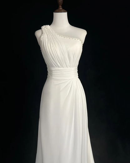 Vestido de novia retro de los años 50 y 40, corte A, un hombro, de gasa blanca, largo, DH560