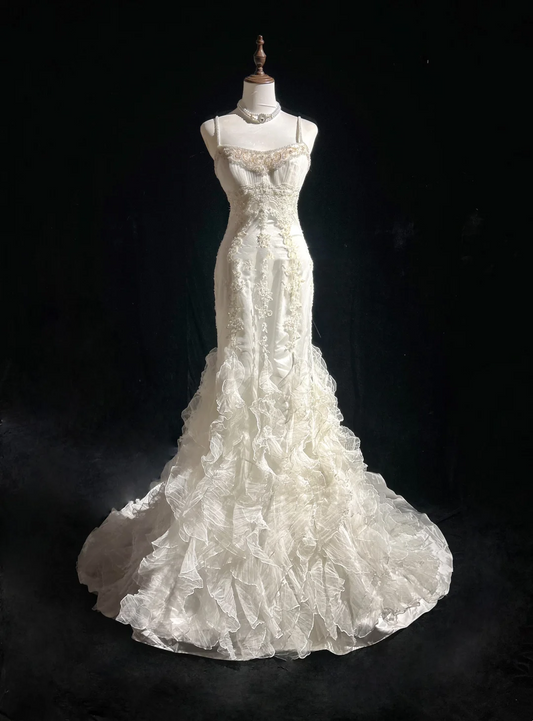 Vestido de novia retro de los años 50 y 40, estilo sirena, tirantes finos, tul, largo, elegante, DH561