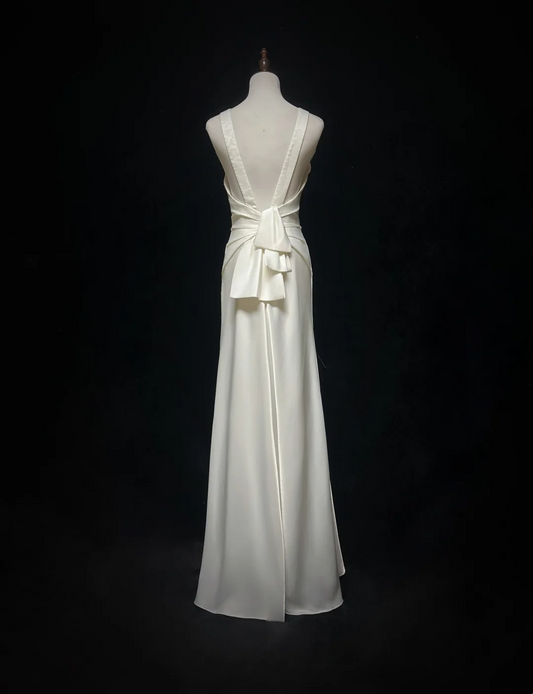 Vestido de novia vintage de los años 70, corte A, escote redondo, satén blanco, largo, elegante, DH562