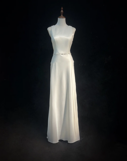 Vestido de novia vintage de los años 70, corte A, escote redondo, satén blanco, largo, elegante, DH562