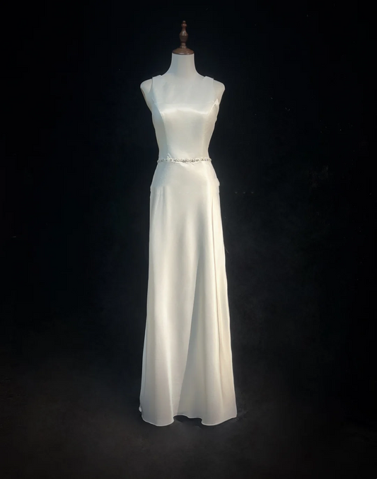 Vestido de novia vintage de los años 70, corte A, escote redondo, satén blanco, largo, elegante, DH562