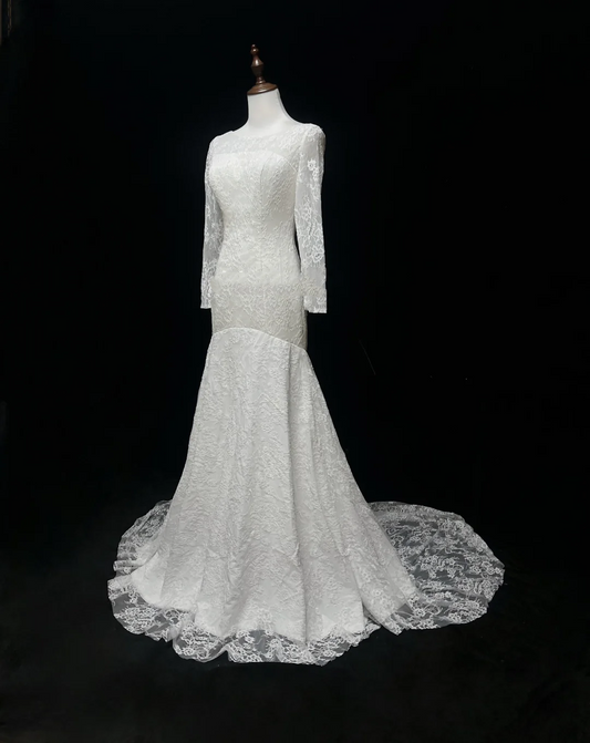 Vestido de novia vintage de los años 70, corte sirena, escote redondo, mangas largas, encaje blanco, elegante, DH563