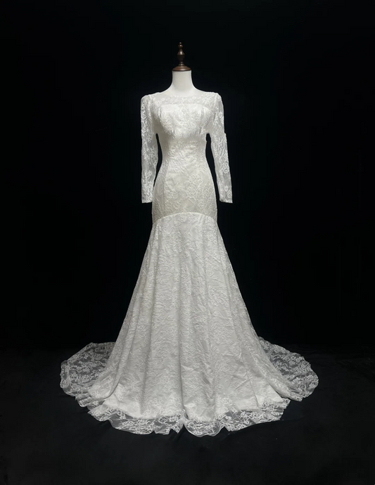 Vestido de novia vintage de los años 70, corte sirena, escote redondo, mangas largas, encaje blanco, elegante, DH563