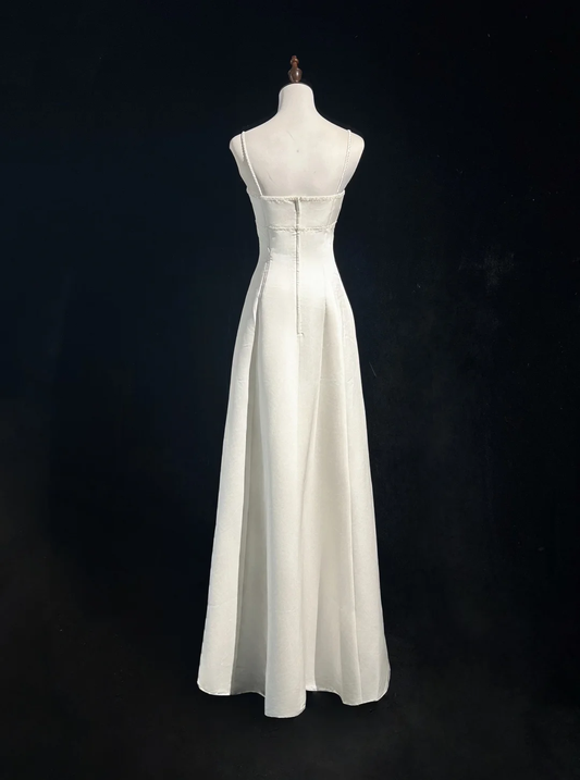 Vestido de novia vintage de los años 70, corte A, tirantes finos, satén blanco, largo, elegante, DH564