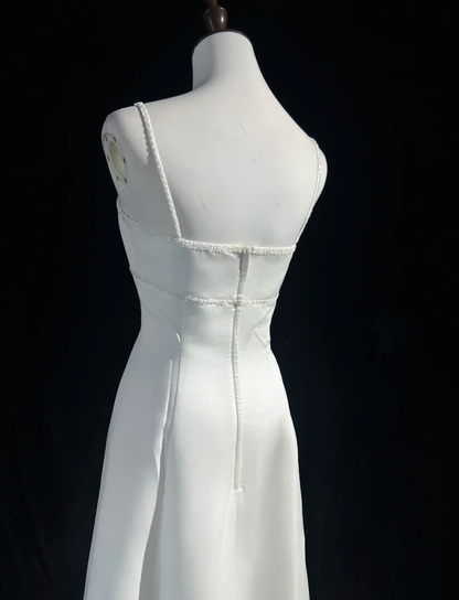 Vestido de novia vintage de los años 70, corte A, tirantes finos, satén blanco, largo, elegante, DH564