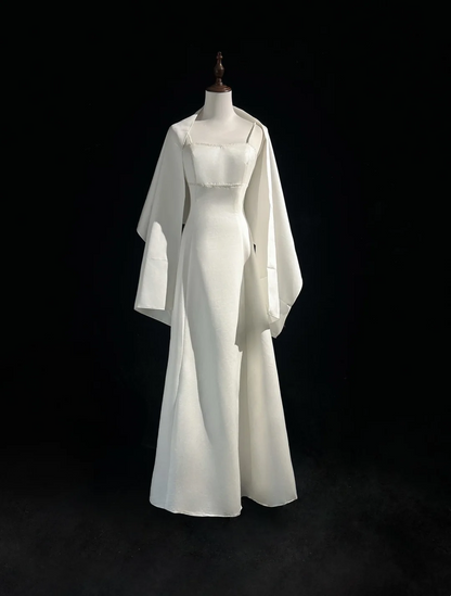 Vestido de novia vintage de los años 70, corte A, tirantes finos, satén blanco, largo, elegante, DH564