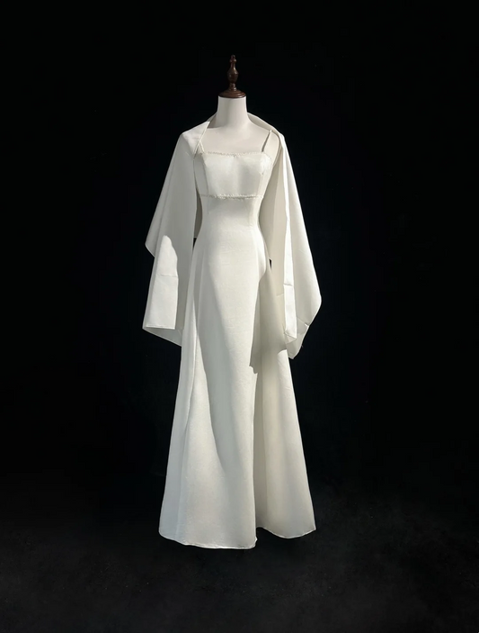 Vestido de novia vintage de los años 70, corte A, tirantes finos, satén blanco, largo, elegante, DH564