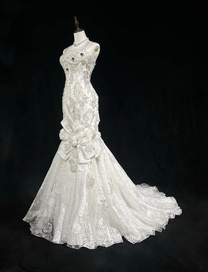 Vestido de novia retro de los años 50 y 40, estilo sirena, tirantes finos, tul, largo, elegante, DH566