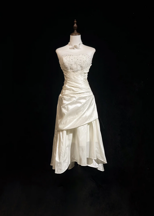 Vestido de novia vintage de los años 70, con escote alto y bajo, sin tirantes, de encaje color marfil, elegante, DH567