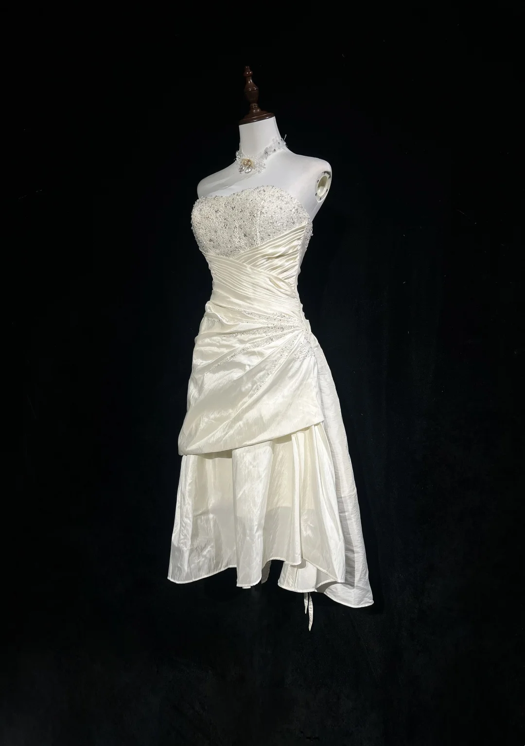 Vestido de novia vintage de los años 70, con escote alto y bajo, sin tirantes, de encaje color marfil, elegante, DH567