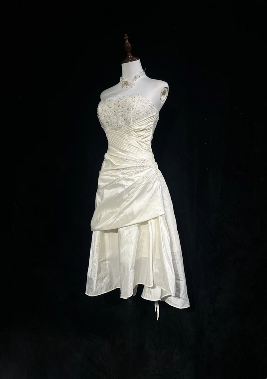 Vestido de novia vintage de los años 70, con escote alto y bajo, sin tirantes, de encaje color marfil, elegante, DH567