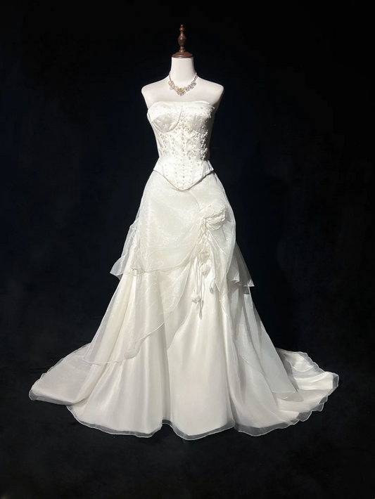 Vestido de novia vintage de los años 70, sin tirantes, de satén marfil, elegante, DH569