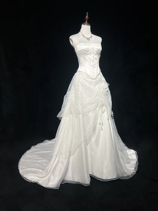 Vestido de novia vintage de los años 70, sin tirantes, de satén marfil, elegante, DH569