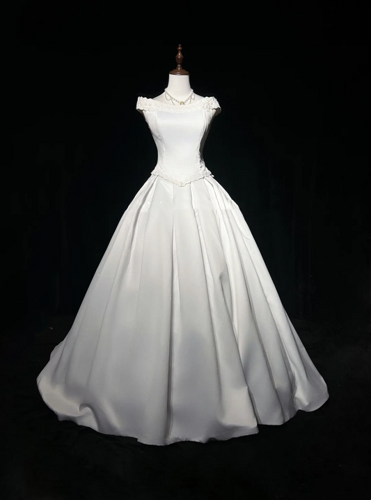 Vestido de novia vintage de los años 70, vestido de fiesta con hombros descubiertos, satén blanco, largo, elegante, DH570