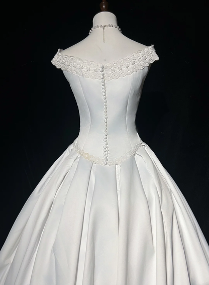 Vestido de novia vintage de los años 70, vestido de fiesta con hombros descubiertos, satén blanco, largo, elegante, DH570