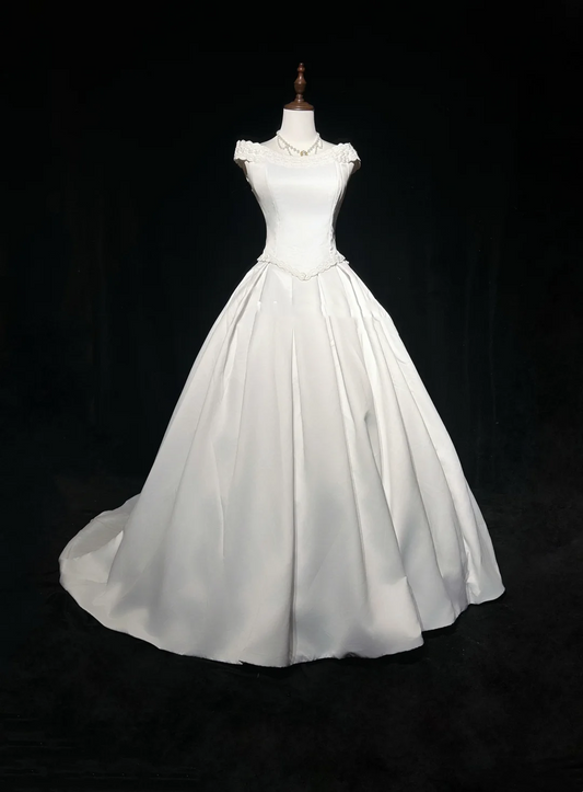 Vestido de novia vintage de los años 70, vestido de fiesta con hombros descubiertos, satén blanco, largo, elegante, DH570