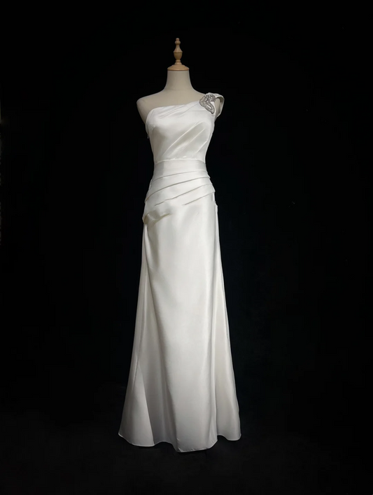 Vestido de novia retro de los años 50 y 40, corte A, un hombro, satén blanco, largo, DH571