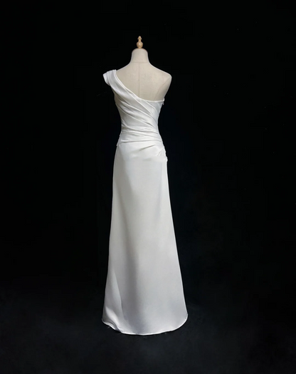 Vestido de novia retro de los años 50 y 40, corte A, un hombro, satén blanco, largo, DH571