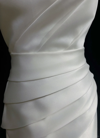Vestido de novia retro de los años 50 y 40, corte A, un hombro, satén blanco, largo, DH571