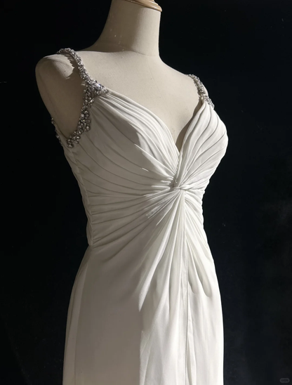 Vestido de novia retro de los años 50 y 40, corte A, tirantes finos, gasa blanca, largo, DH572