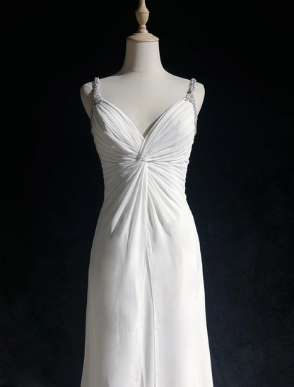 Vestido de novia retro de los años 50 y 40, corte A, tirantes finos, gasa blanca, largo, DH572