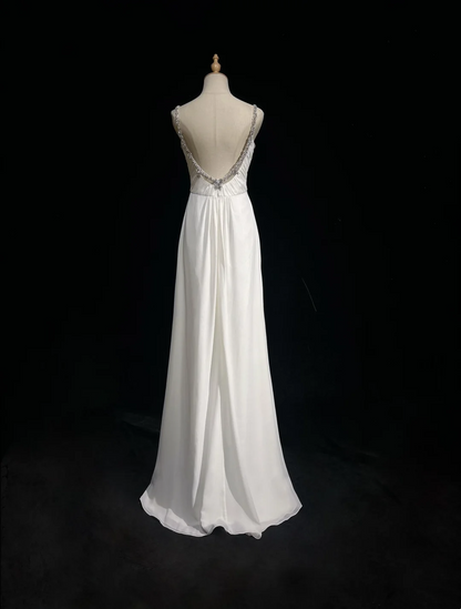 Vestido de novia retro de los años 50 y 40, corte A, tirantes finos, gasa blanca, largo, DH572