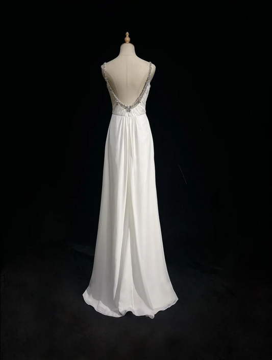 Vestido de novia retro de los años 50 y 40, corte A, tirantes finos, gasa blanca, largo, DH572