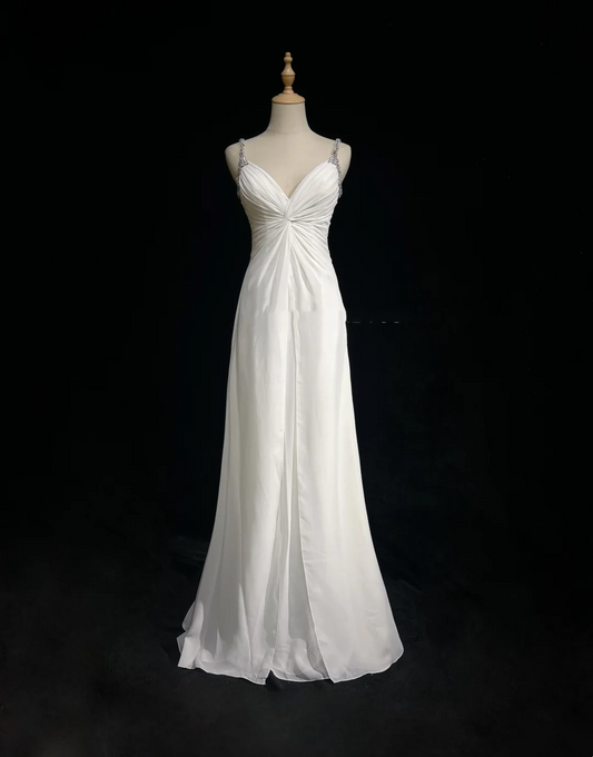 Vestido de novia retro de los años 50 y 40, corte A, tirantes finos, gasa blanca, largo, DH572