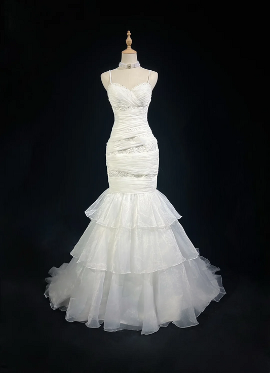 Vestido de novia retro de los años 50 y 40, corte sirena, tirantes finos, tul blanco, largo, elegante, DH573