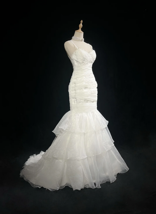 Vestido de novia retro de los años 50 y 40, corte sirena, tirantes finos, tul blanco, largo, elegante, DH573