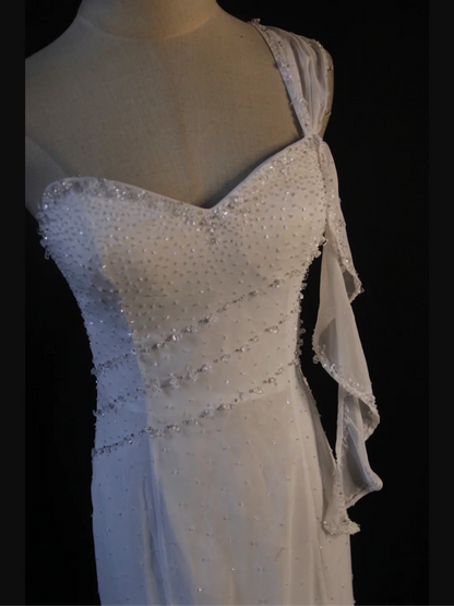 Vestido de novia retro de los años 50 y 40, corte sirena, un hombro, de gasa blanca, largo, DH574